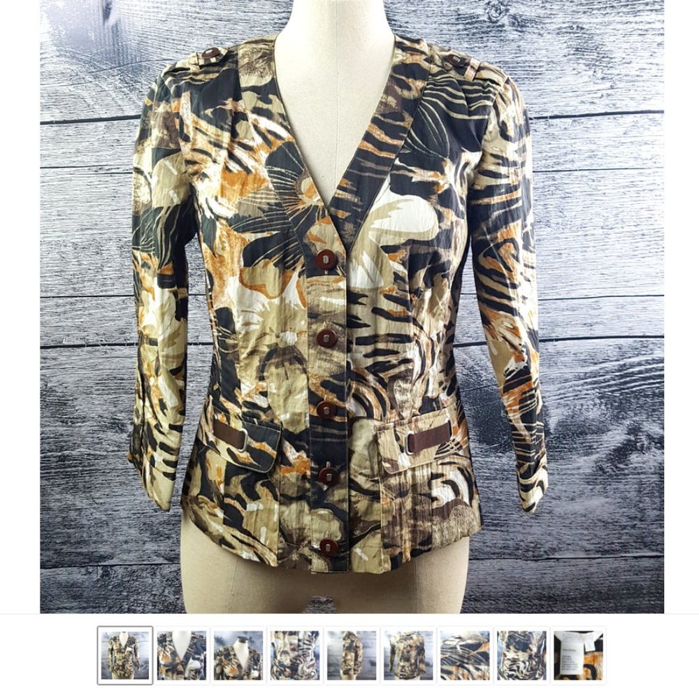 Vtg Spanner Women sz 6 Tops Boho Wooden Buttons V neck military shoulder